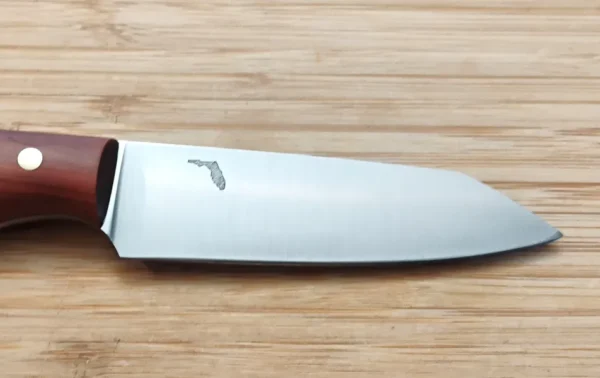 Right side blade only of Red Cedar Modified Santoku with Florida logo, brushed finish, on wood surface