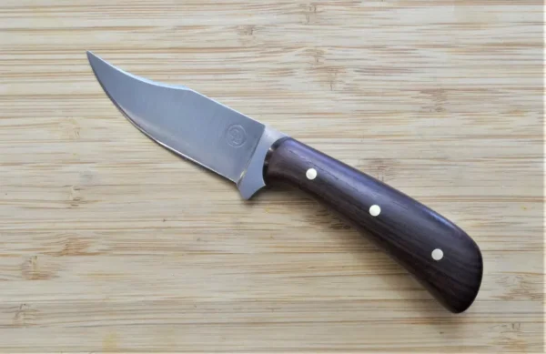 Left view of Upswept Clip Point Neck Knife with kingwood handle and 1095 High Carbon Steel