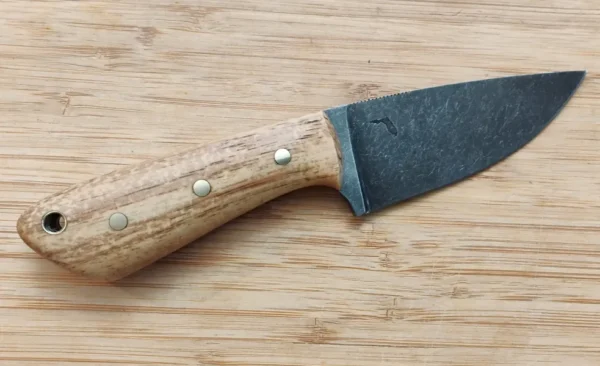 Right side view of the GreBec Knives Drop Point Pecan 3-Finger Skinner #332 knife with Pecan handle and stonewashed blade