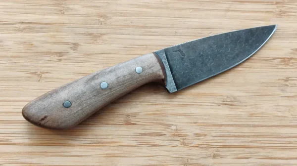 Red Maple Goldilocks #271 drop point EDC knife, full right view, stonewashed 1095 steel blade, red maple handle with blue G10 liners