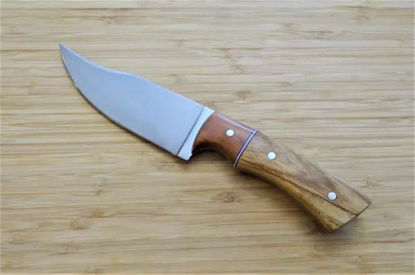 Full left view custom Pecan Nada Bowie, 1095 high carbon steel with brushed finish.