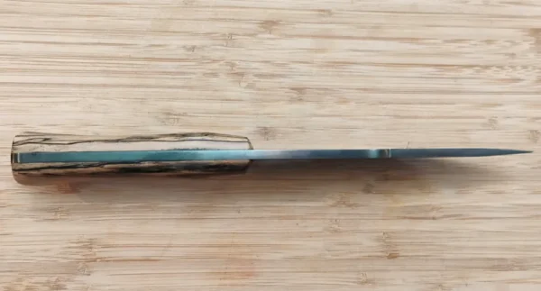 Spine of Pecan harpoon clip point knife with 1095 steel blade and spalted pecan handle.