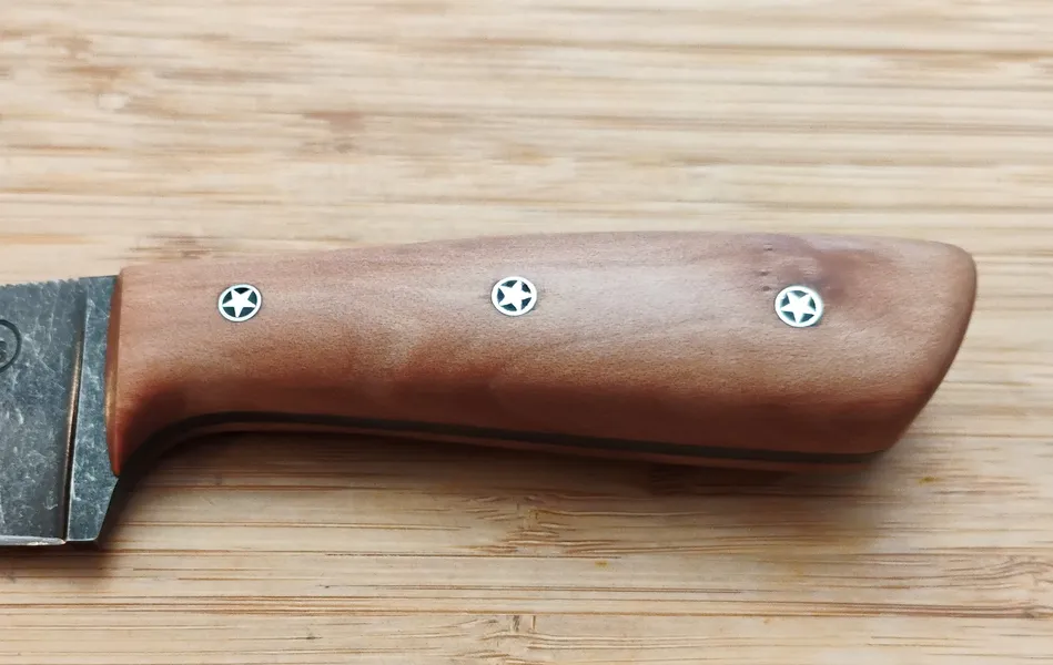 Florida Series Knife Handle - Sand Pear with 3 mosaic pins on a wood background