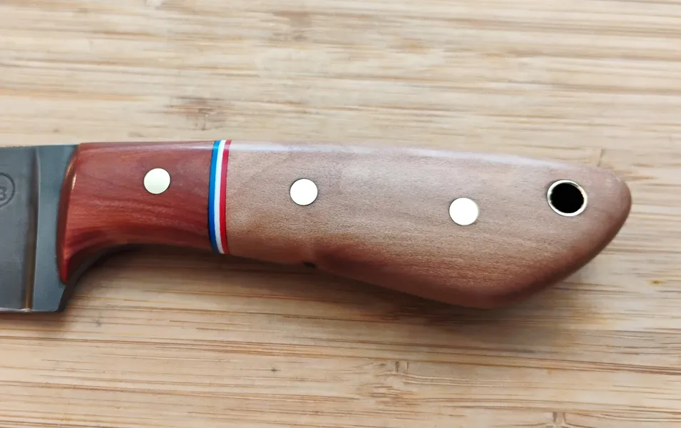 Custom Knife Handle in Florida Sand Pear with a Wild Plum bolster and red, white and blue G10 spacers