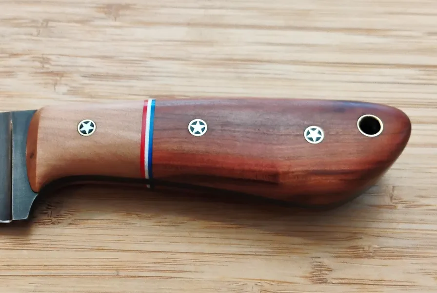 Left side of stabilized Florida Wild Plum and Sand Pear handle with star mosaic pins and lanyard tube