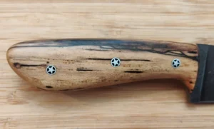 Right Side view of Goldilocks handle, Stabilized Spalted Pecan with star Mosaic pins, Grebec Knives craftsmanship.