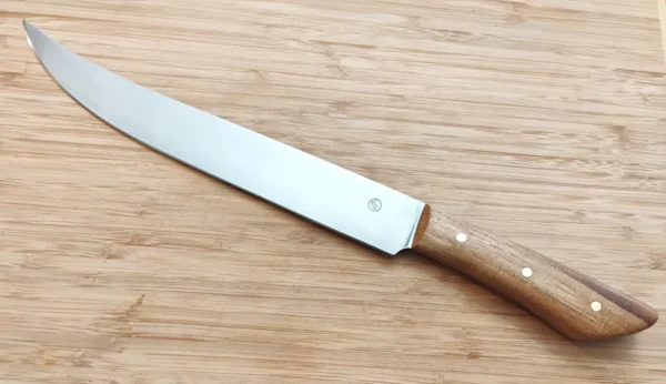 ull left view of Pecan Brisket Knife #348 with 9 3/4" trailing point blade and pecan handle..