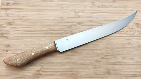 Full right view of Pecan Brisket Knife #348 with 14 3/4" length and brushed 1095 steel blade.