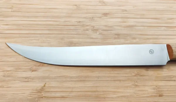 Closeup of left side of Pecan Brisket Knife #348 blade with GreBec Knives logo